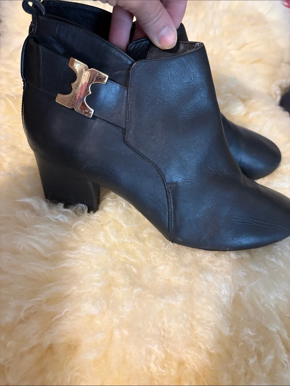 Tory Burch Black Leather Ankle Boots with Gold Logo Accent